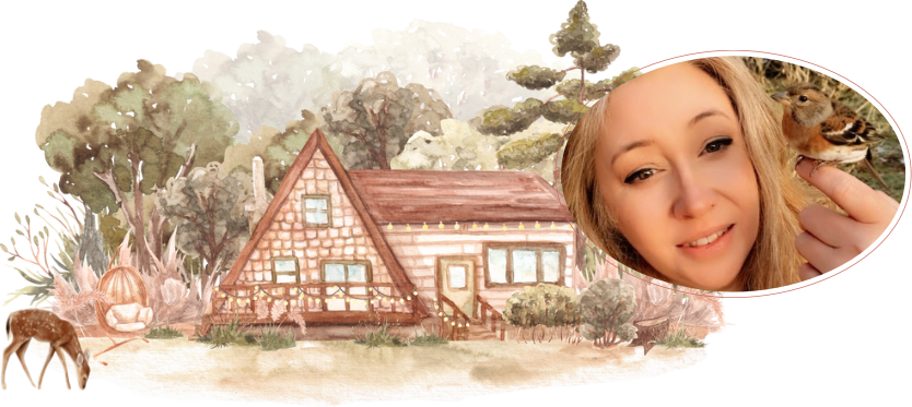 Une maison dans les bois, et Stéph avec un oiseau sur un doigt